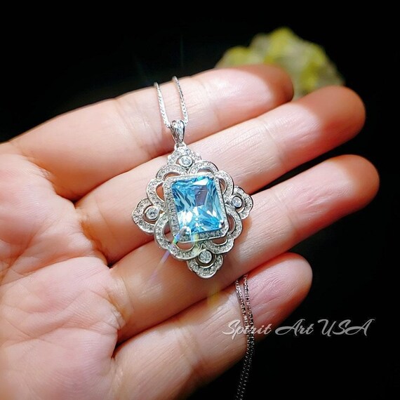 Gorgeous Large Blue Aquamarine Necklace Diamond 18kgp @ Sterling Silver  flower of Ascension Pendant  Faceted Rectangle 5 CT Aquamarine #897