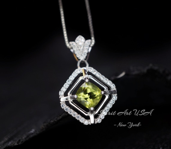 Genuine Peridot Necklace Diamond Crown Square Peridot Pendant 18KGP @ Sterling Silver - Double  Halo 1CT Natural Green Peridot  Jewelry #303