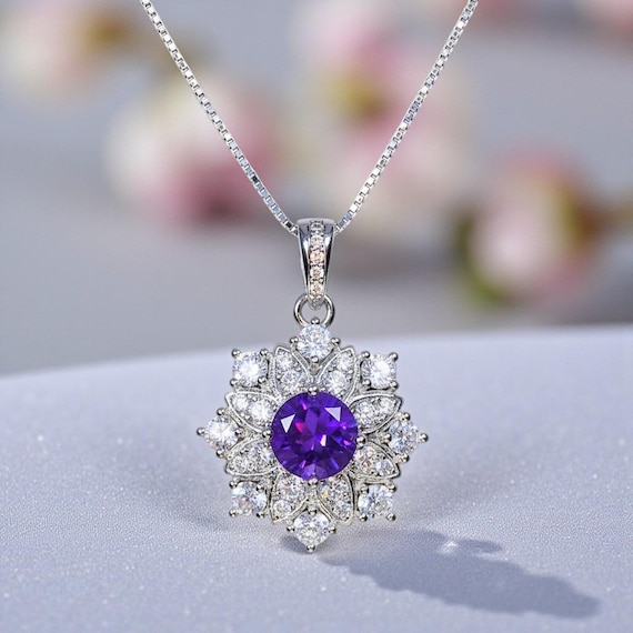 Genuine Amethyst Necklace Gypsophila Natural Amethyst Pendant 18kgp@ Sterling Silver  Purple  Gemstone Jewelry February Birthstone #1133