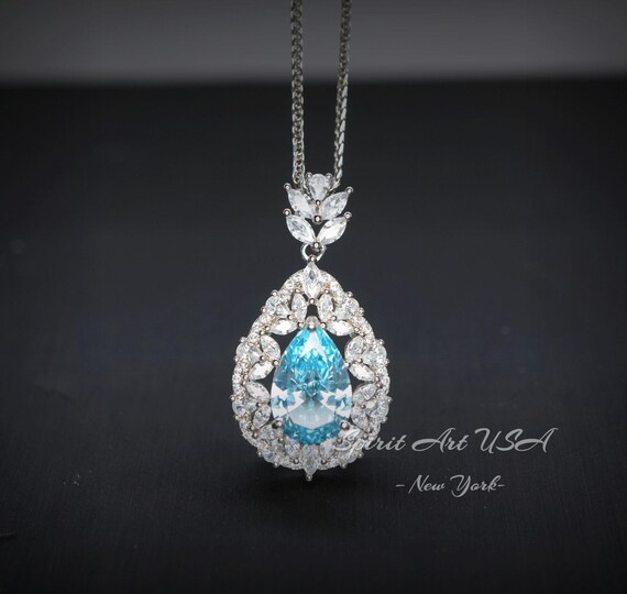 Sky Blue Aquamarine Necklace - 18KGP @ Sterling Silver - Gemstone Wheat Necklace - Teardrop Aquamarine Pendant -  March Birthstone #861