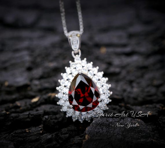 Double Halo Teardrop Garnet Necklace - 18KGP Sterling Silver - 2.75 CT Large Deep Red Garnet Pendant -  Gemstone Pear Jewelry #684