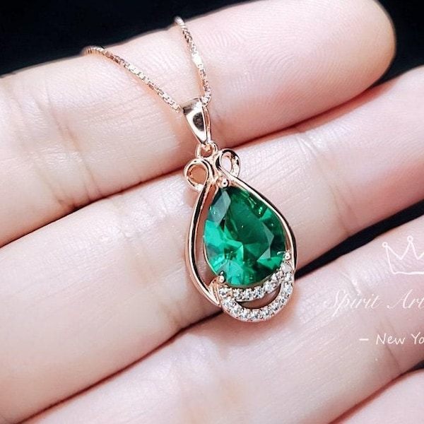 Collar de esmeralda en forma de lágrima - Plata de ley 925 con baño de oro rosa - Colgante de esmeralda en forma de pera - Piedra natal de mayo: esmeralda verde n.° 360