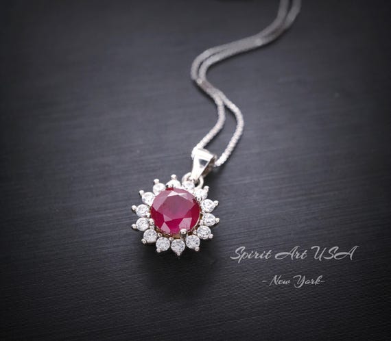 Minimalist Ruby Necklace - 6 mm 0.85 CT Gemstone Sunflower White Gold  925 Silver Princess Diana Style 021