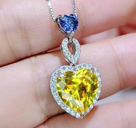 Yellow Diamond Necklace - 18KGP @ Sterling Silver  - Created Citrine Necklace - lab Moissanite Diamond Pendant - Double Heart Necklace #569