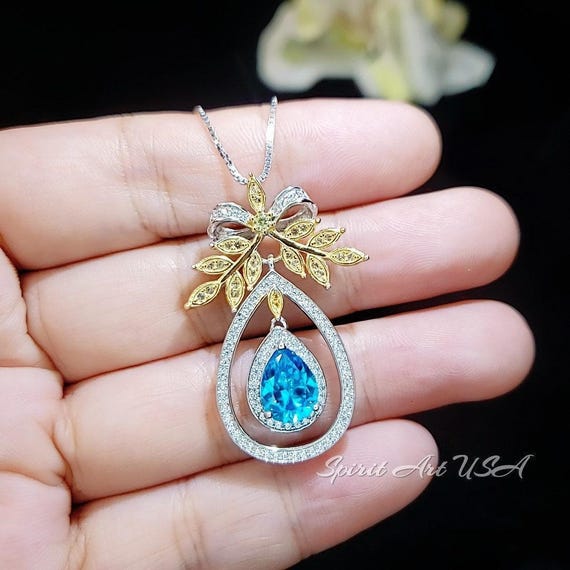 Teardrop Swiss Blue Topaz Necklace The Tree Of Life Pendant 18KGP @ Sterling Silver Olive branch 2.5 Ct  Pear Cut Blue Topaz Jewelry #851
