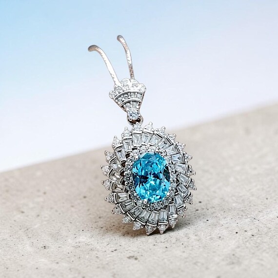 Aquamarine Halo Pendant Necklace in Sterling Silver, Baguette Round  Sunburst Cluster, March Birthstone  Deep Blue Aquamarine #777