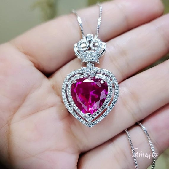 Pink Sapphire Heart Necklace 18KGP @ 925 Sterling Silver - Large 7 CT Fuchsia Heart -  Royal Crown - Double Halo Large Pink Sapphire #841