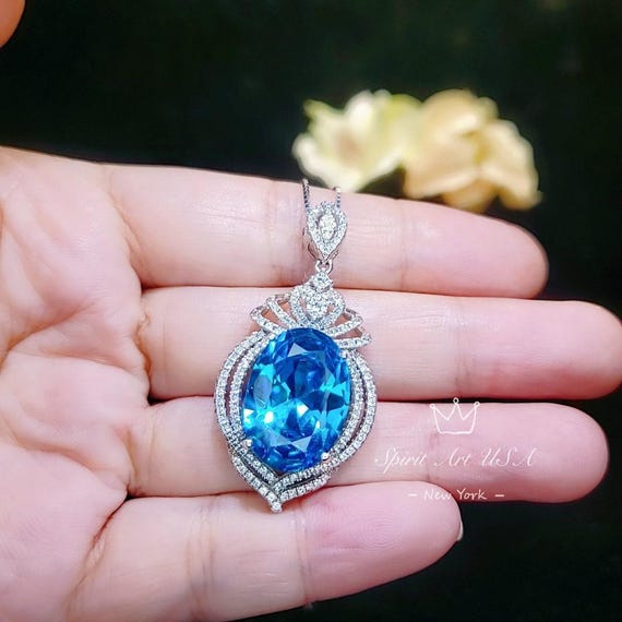 Large Blue Topaz Sterling Silver Necklace 14 ct Oval Swiss Blue Topaz Pendant Sim Gemstone White Gold Coat  Royal Crown   #918
