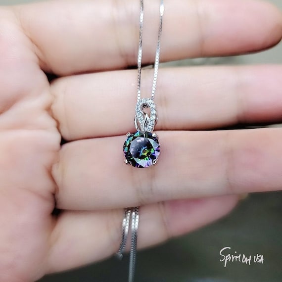 Round Mystic Topaz Necklace Sterling Silver 2 ct Round Sim Gemstone Rainbow Pendant 18k White Gold Coated Solitaire Halo Minimalist 094