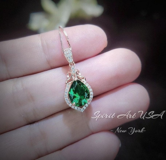 Dainty Emerald Necklace - Rose Gold coated Sterling Silver - Lab Created Green Emerald Pendant -  May Birthstone #187