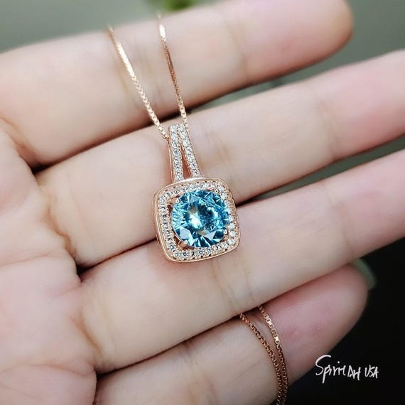 Round Aquamarine Necklace - Rose Gold Square Blue Stone Pendant -  Solitaire  8 mm Blue Aquamarine Jewelry #140