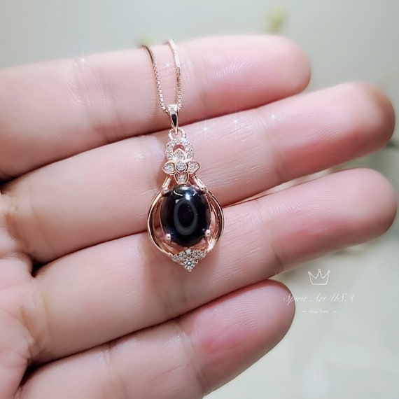 Natural Black Onyx Necklace Rose Gold coated 925 Sterling Silver High Frequency Energy Protective Chakra Heaaling Life Flower Decorate 1127
