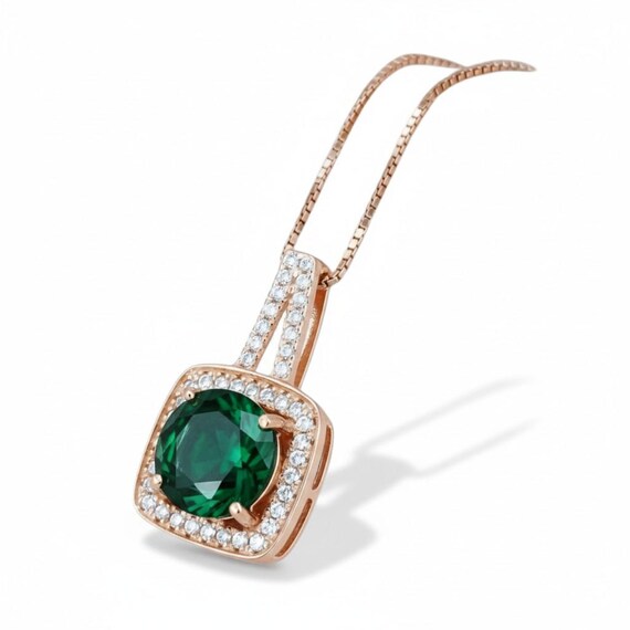 2 CT Emerald Necklace  - Gemstone Square Halo Rose Gold plated Sterling Silver round cut emerald pendant #141
