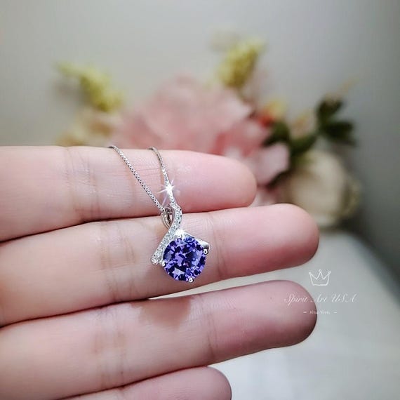 Simple Amethyst Necklace Gemstone 2CT Bowknot Created Purple Gemstone Pendant Sterling Silver  Minimalist synthetic  Amethyst Jewelry 034
