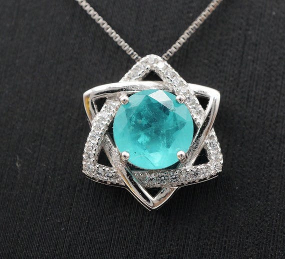 Paraiba Necklace - 18kgp @ Sterling Silver - Gemstone Star of  Star Blue Paraiba Tourmaline Pendant #201