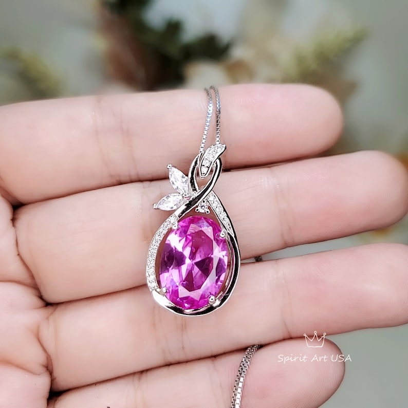 Large Pink Tourmaline Necklace Diamond Leaf Oval 6 CT Fuchsia Red Tourmaline Pendant Sterling Silver White Gold coated Bridal Jewelry
