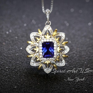 Blue Tanzanite Necklace Gemstone Water Lily Flower Pendant - 18k @ Sterling Silver - 1 CT Rectangle Lab Created Blue Tanzanite Jewelry #650