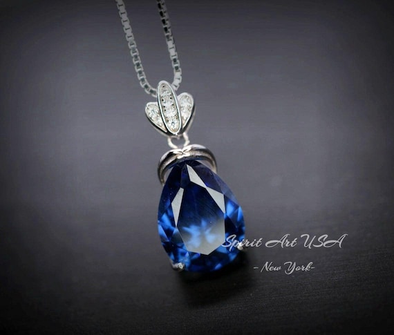 Large Teardrop Blue Sapphire Necklace - 18KGP Sterling Silver September  Birthstone - Pear 7 CT   Blue Sapphire Jewelry #794