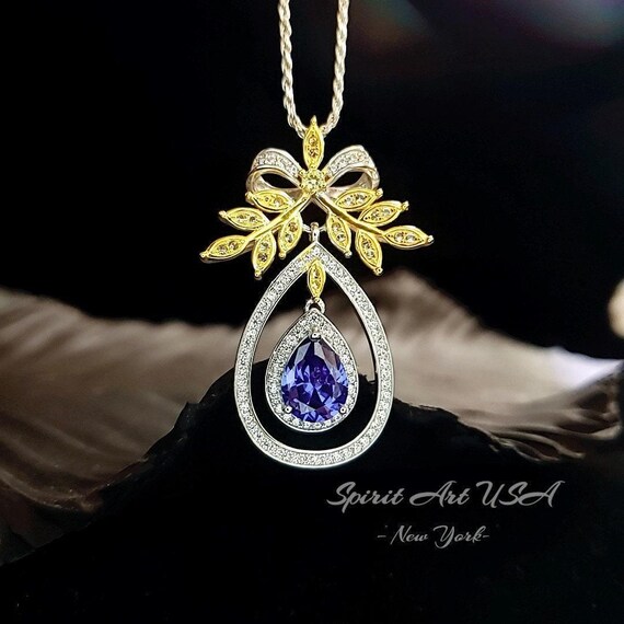 Teardrop Blue Tanzanite Necklace - Large Gold  the Tree Of Life Pendant - 18KGP Sterling Silver olive branch Necklace #850
