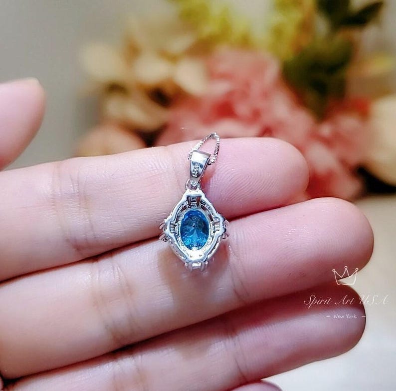 Dainty Swiss Blue Topaz Necklace - Sterling Silver Sim Diamond Blue ...