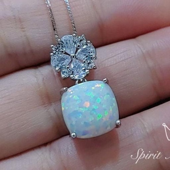 Four leaf clover Opal Necklace - Cushion Cut - White Fire Opal Pendant -  Gemstone Flower Bail  - White Gold coated Sterling Silver #448