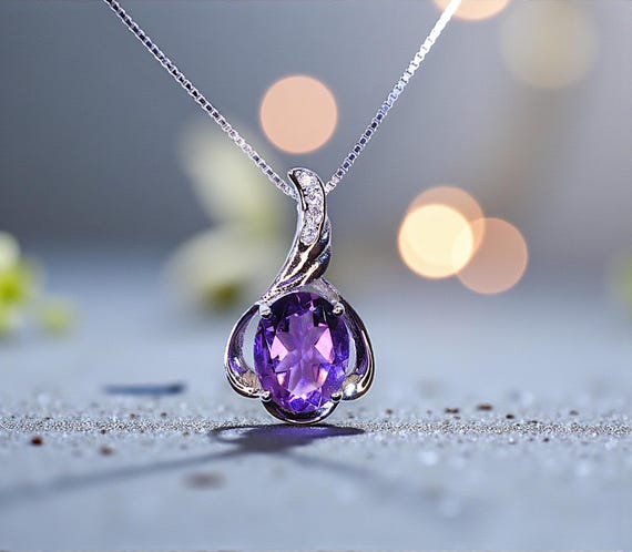 Genuine Amethyst Necklace - Sterling Silver Petal Flower Natural Amethyst Pendant February Birthstone Purple Gemstone Jewelry #461