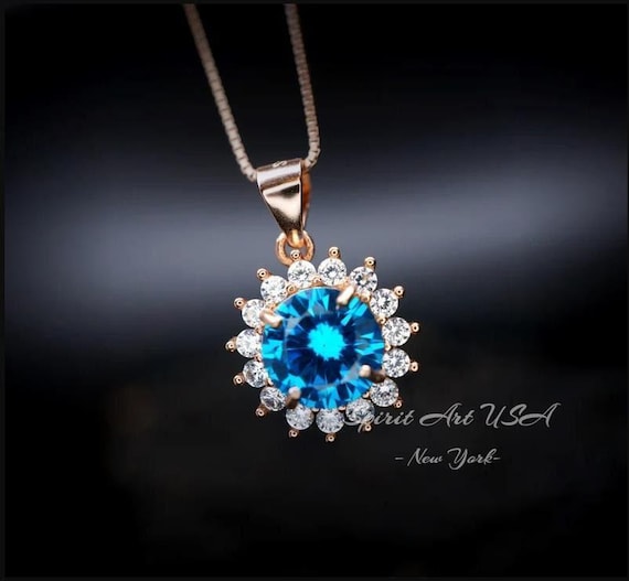 Blue Topaz Necklace - Rose Gold coated Sterling Silver Princess Diana Style Halo Sunflower 8mm  - 2 CT Blue Topaz Jewelry #275
