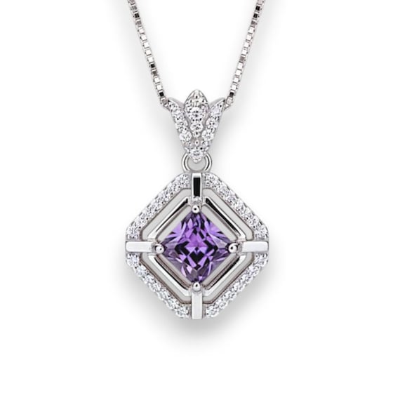 Genuine Square Amethyst Necklace Sterling Silver White Gold Plated Halo 0.9 CT Purple Amethyst Pendant Jewelry February Birthstone #104