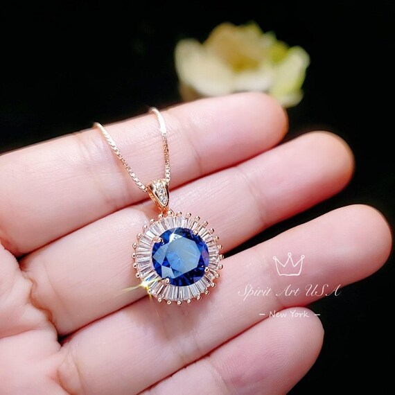 Large Blue Tanzanite Necklace - Rose Gold Sterling Silver Gemstone Halo Sun Style  4 CT Royal Blue Tanzanite Pendant #610