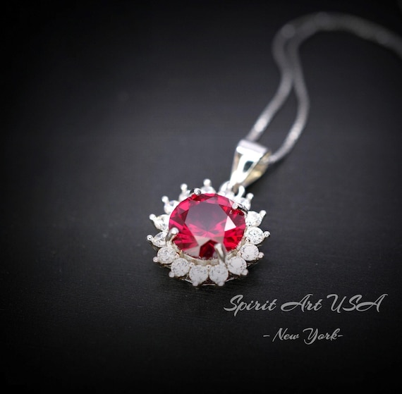 Red Ruby Necklace Sterling Silver - 8mm 2 CT Ruby Pendant - July Birthstone Princess Diana Style -  Solitaire Round Gemstone Necklace #124