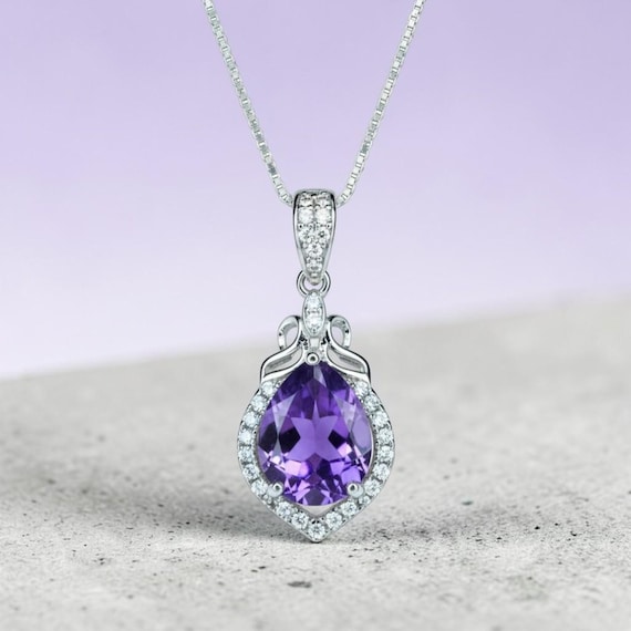 Natural Teardrop Amethyst Necklace - Sterling Silver Tiny Crown Chakra Healing - Purple Gemstone Jewelry February Birthstone #371