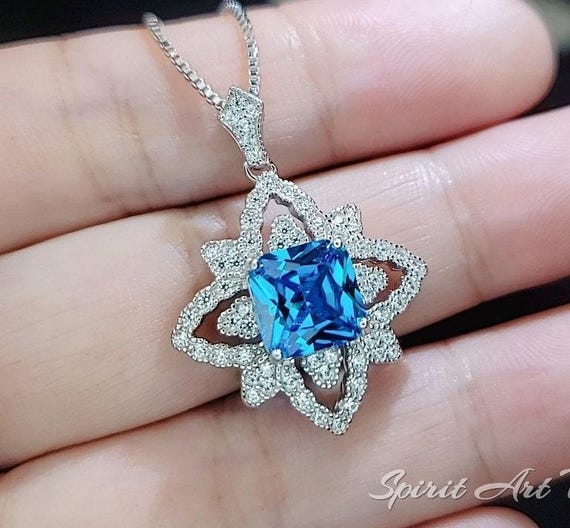 Gemstone Medal Blue Topaz Necklace - Medal of Honor Flower  - Sterling Silver Star Celestial Jewelry -  Square Blue Topaz Pendant #512