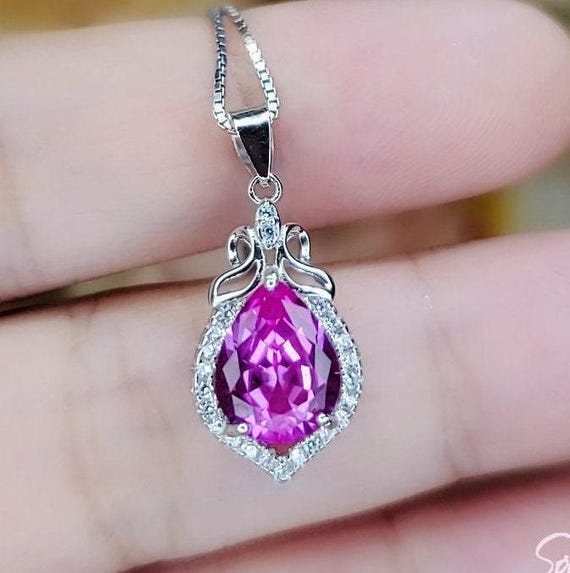 Teardrop Pink Tourmaline Necklace, Gemstone Halo Pink Gemstone Pendant, Sterling Silver White gold   Solitaire Fuchsia Gemstone Jewelry #196