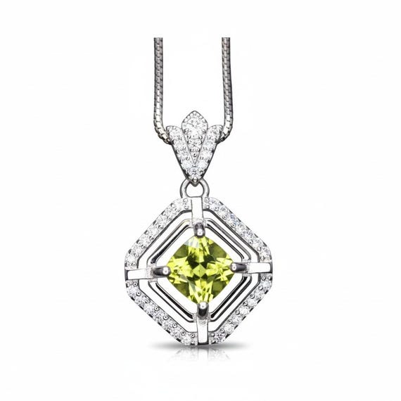 Genuine Square Peridot Necklace  18KGP @ Sterling Silver - Double  Halo 0.9 CT Green Peridot Pendant Jewelry - August Birthstone #033
