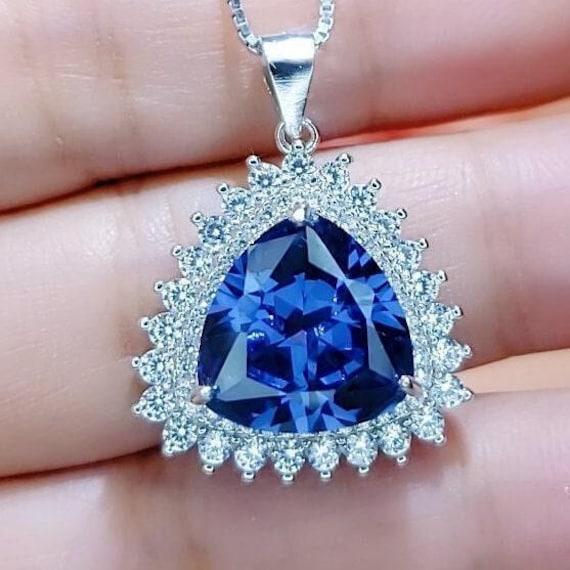 Large Trillion Tanzanite Necklace - Sterling Silver Solitaire Halo December Birthstone Triangle  Lab Created Energic Tanzanite Pendant #774