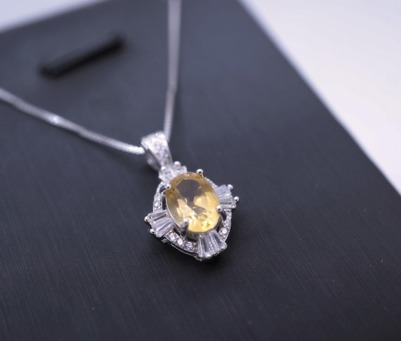 Sterling Silver Natural Citrine Necklace 1.5 CT Genuine Pendant Diamond Halo White Gold plated Dainty Royal Luxury 1073