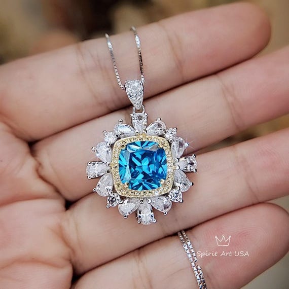 Large Square Radiant Cut Blue Topaz Necklace 18kgp @ Sterling Silver Gemstone Halo 7 CT  Blue Topaz Pendant   November Birthstone #808