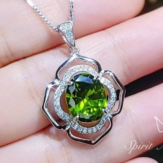 Sterling Silver Large Peridot  Necklace , Green Flower of Life Necklace - Oval Cut 4.1 Ct Lab Green Peridot Flower Pendant #545