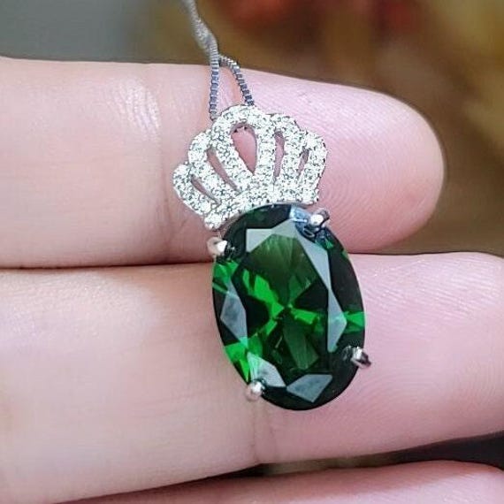 Large Emerald Necklace - 18KGP @ Sterling Silver - Royal Crown  Necklace - Lab Created Green Emerald Pendant #785