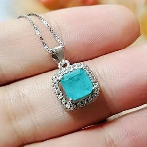 Blue Tourmaline Necklace, Paraiba Necklace -Minimalist Square  Sterling Silver Tiny Blue Paraiba Tourmaline Pendant #003