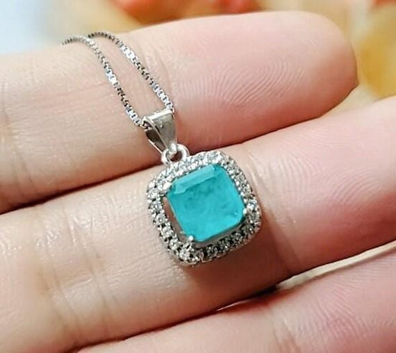 Blue Tourmaline Necklace, Paraiba Necklace -Minimalist Square  Sterling Silver Tiny Blue Paraiba Tourmaline Pendant #003