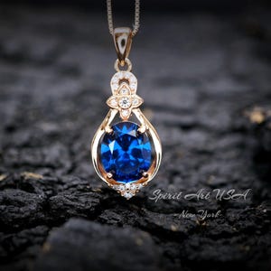 Rose Gold Blue Sapphire Necklace Sterling Silver 3 Ct Oval Large Blue Gemstone Pendant Blue Sapphire Jewelry #647