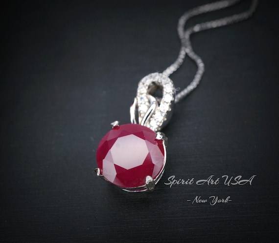 Solitaire Red Ruby Necklace - 18KGP Sterling Silver Simple 1.5 Ct Sim Diamond Red Ruby Pendant - July Birthstone White Gold coated 1023