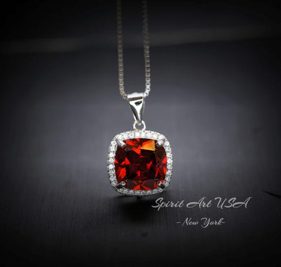 Spessartite Garnet Necklace 5CT Large Square Garnet Pendant - 18kgp Sterling Silver Solitaire Red Orange Garnet Jewelry lab created gem #441