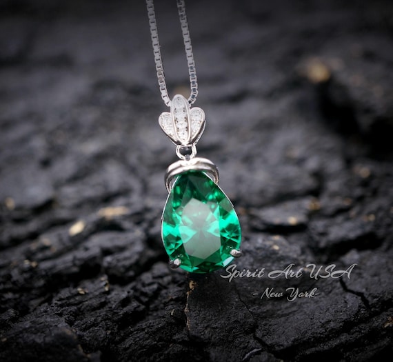Large Teardrop Emerald Necklace Sterling Silver Gemstone Crown  Pear Cut Lab Created Green Gemstone Emerald Pendant Jewelry 6.5 CT #636