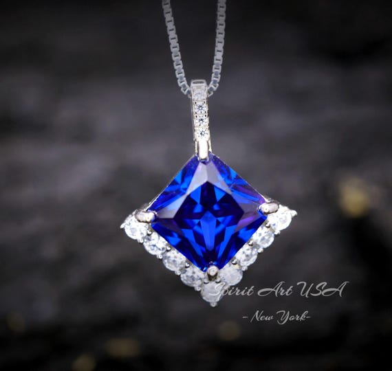 Large Gemstone Style Blue Tanzanite Necklace - 6.5 CT  Square Princess Cut - Energic Lab Created Blue Tanzanite Pendant #769