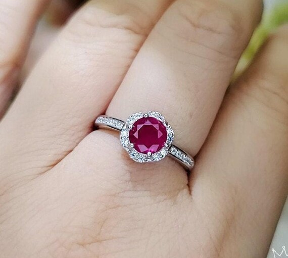 Tiny Ruby Flower Ring, Sterling Silver 0.85 CT, Red Ruby Ring, July Birthstone Gemstone Jewelry  ring 1058