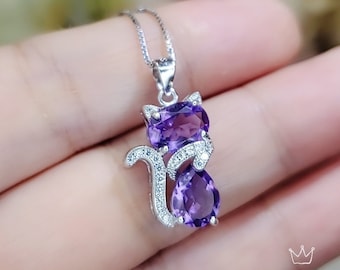 Natural Amethyst Necklace - Sterling Silver Cat Pendant- Purple Stone Gemstone Kitty Kitten Jewelry Crown Chakra Healing #221