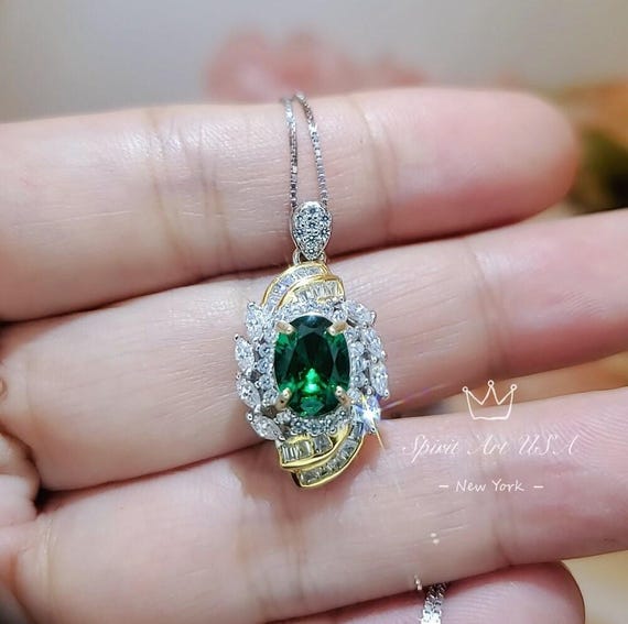 Oval Emerald Necklace - Life Spiral 1.5 CT Green Gemstone Pendant  Spiritual Gemstone Flower  Silver Gold Halo May Birthstone #641