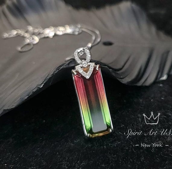 Watermelon Tourmaline Rectangle Necklace full Sterling Silver Rainbow Pink Lab Created  Tourmaline Pendant #978